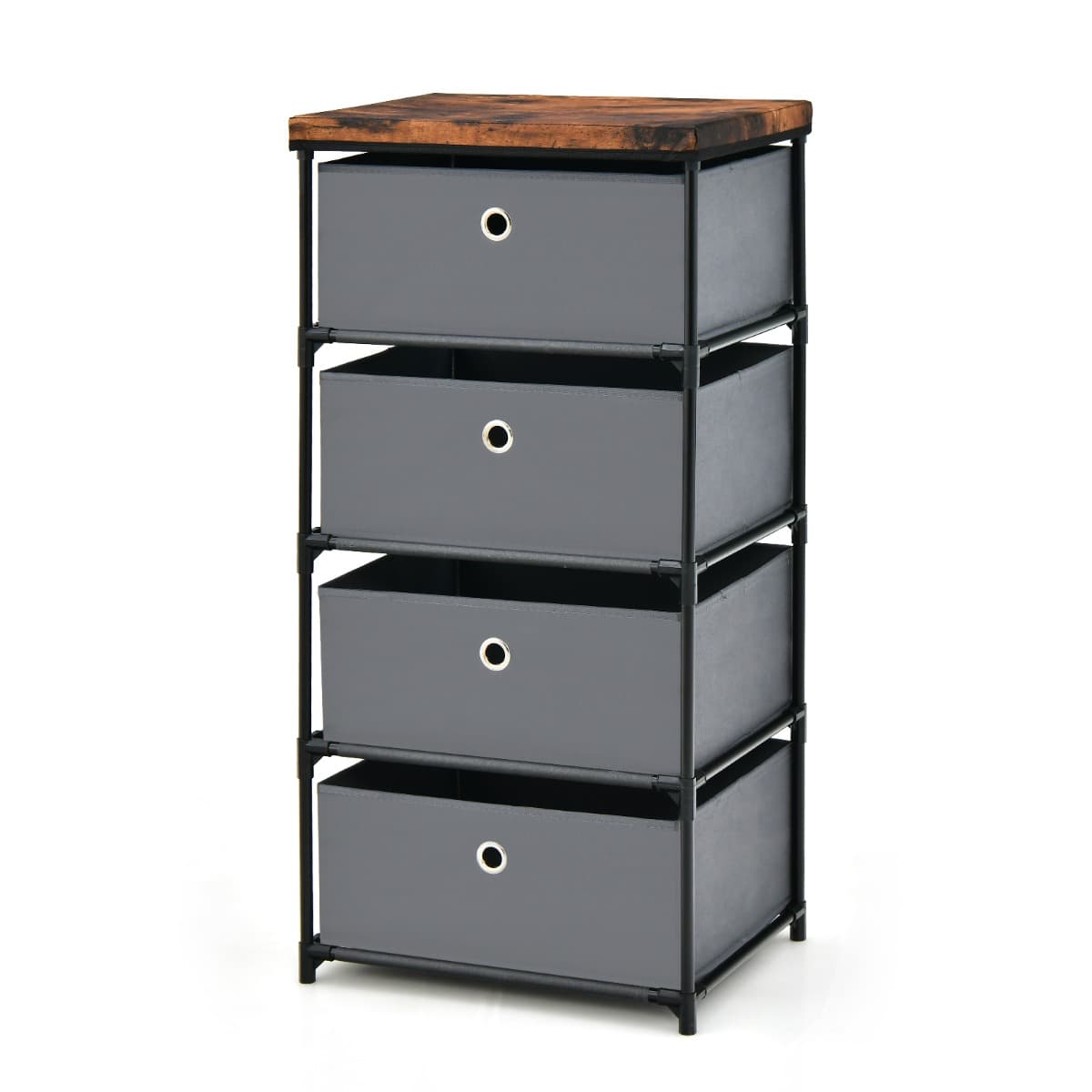 CostwayCommode 4 Tiroirs en Tissu Commode Chambre avec Cadre en Métal et Plateau Commode Haute pour Chambre Adulte/Enfant 42 x 33,5 x 84,5cm Gris
