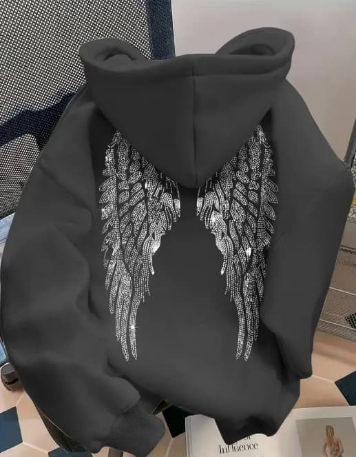 Sweat à capuche imprimé ailes modernes, pull polaire oversize avec motif stylé, un indispensable du streetwear pour hommes et femmes