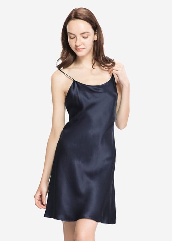 LILYSILK Chemises De Nuit En Soie Femme Bleu Marine Encolure Ronde, Spaghetti Réglables 100% Soie De Mûrier Respirant Super Léger S