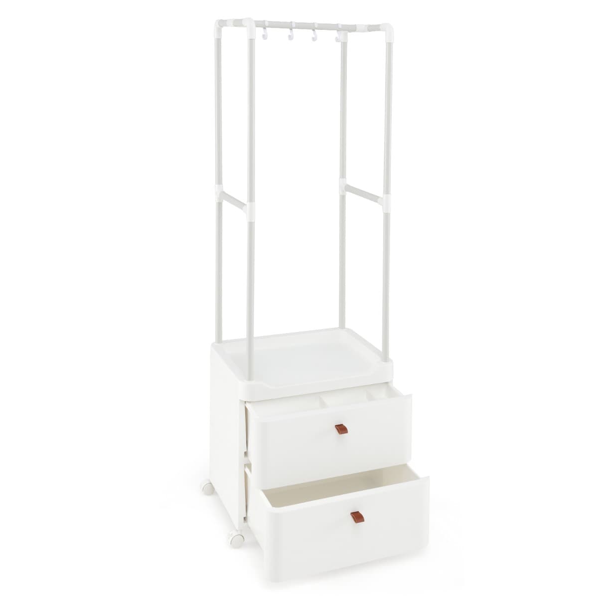 CostwayPorte-vêtements avec 2 Tiroirs Organisateur de Vêtements avec Roulettes Verrouillables Commode Autoportante Tringle de Suspension Blanc